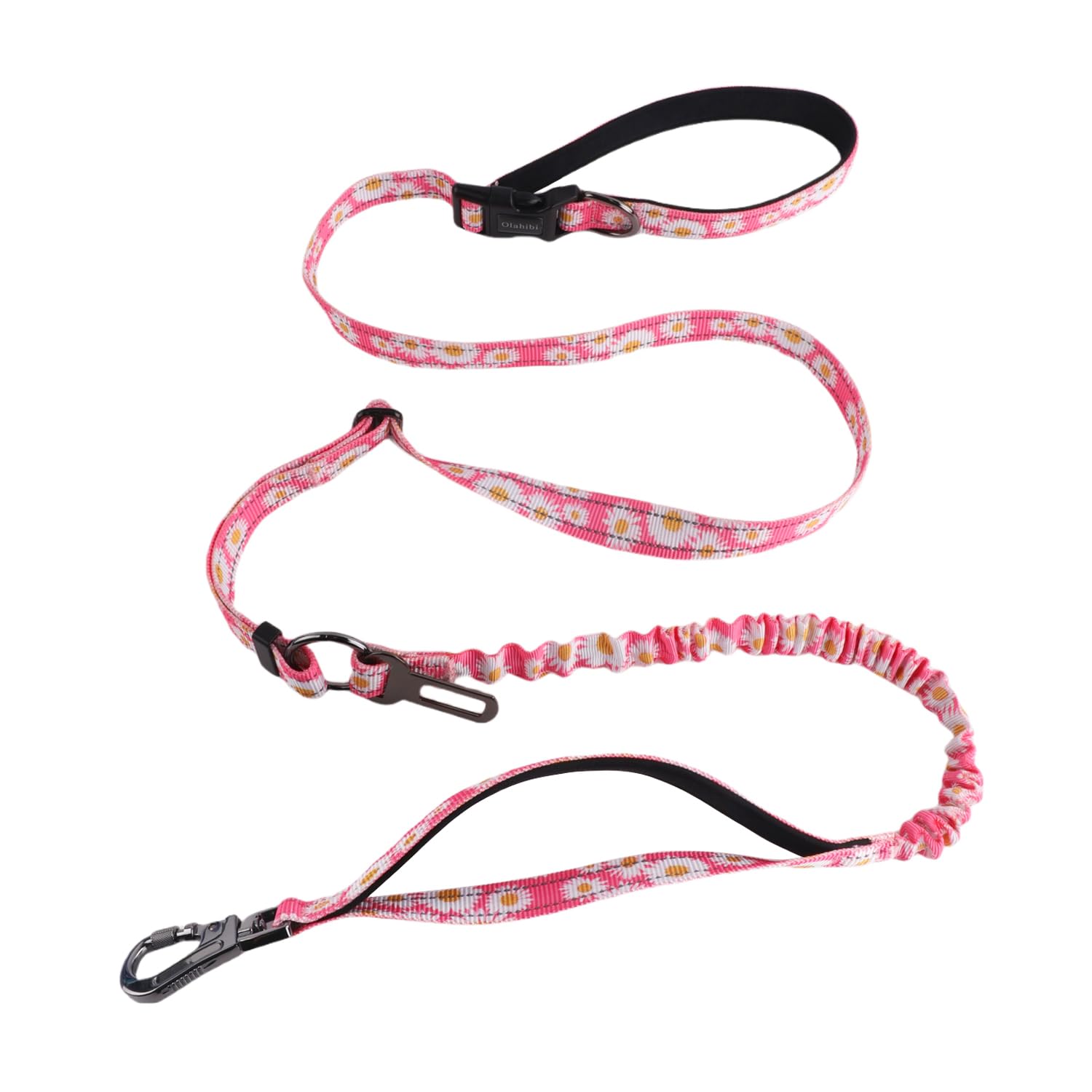 Hands Free Dog Leash, No Pull Bungee Dog Running Waist Leash, with Car Seat Belt, Reflective Stripes, Heavy Duty for Medium and Large Dogs. (Daisy Pink, Large)