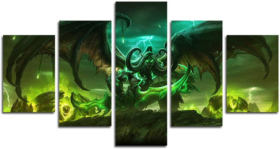 Orsit Prints 5 Pieces World of Warcraft Art Demon Shadowmoon Valley Rage Illidan Canvas Painting Living Room Home Decoration Canvas Art Wall Poster (No Frame) 50inch x30 inch……