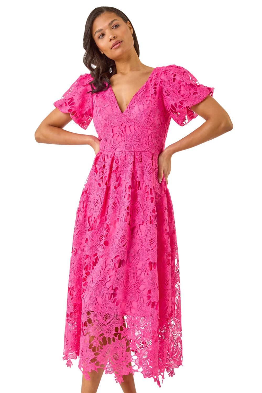 Roman Women's Pink Crochet Lace V-Neck Midi Dress In | : Size 18