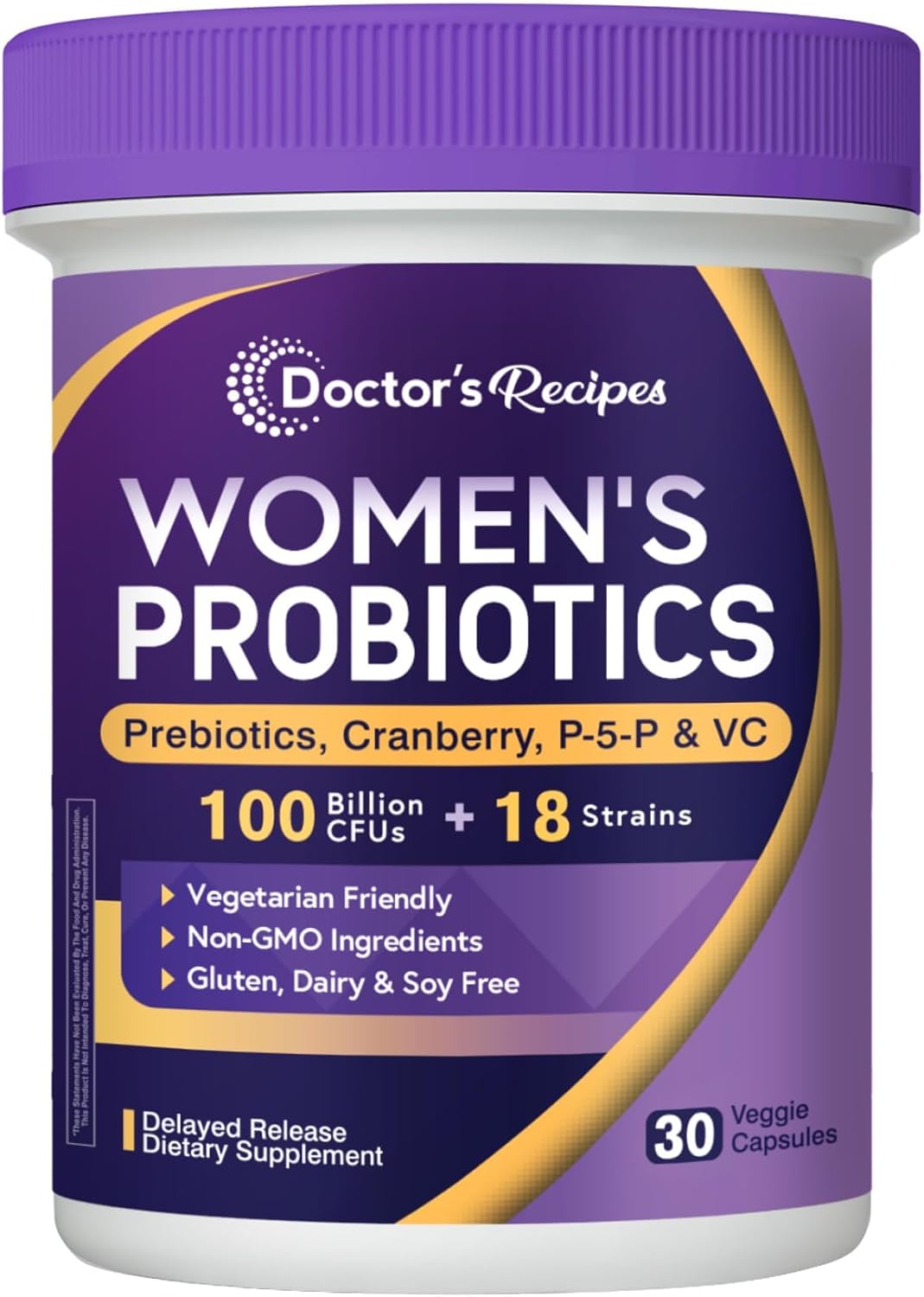 Doctor’s Recipes Probiotics for Women, 100 Billion CFU, 18 Probiotic Strains, Prebiotics, Cranberry, P-5-P & VC, 30 Vegan Caps