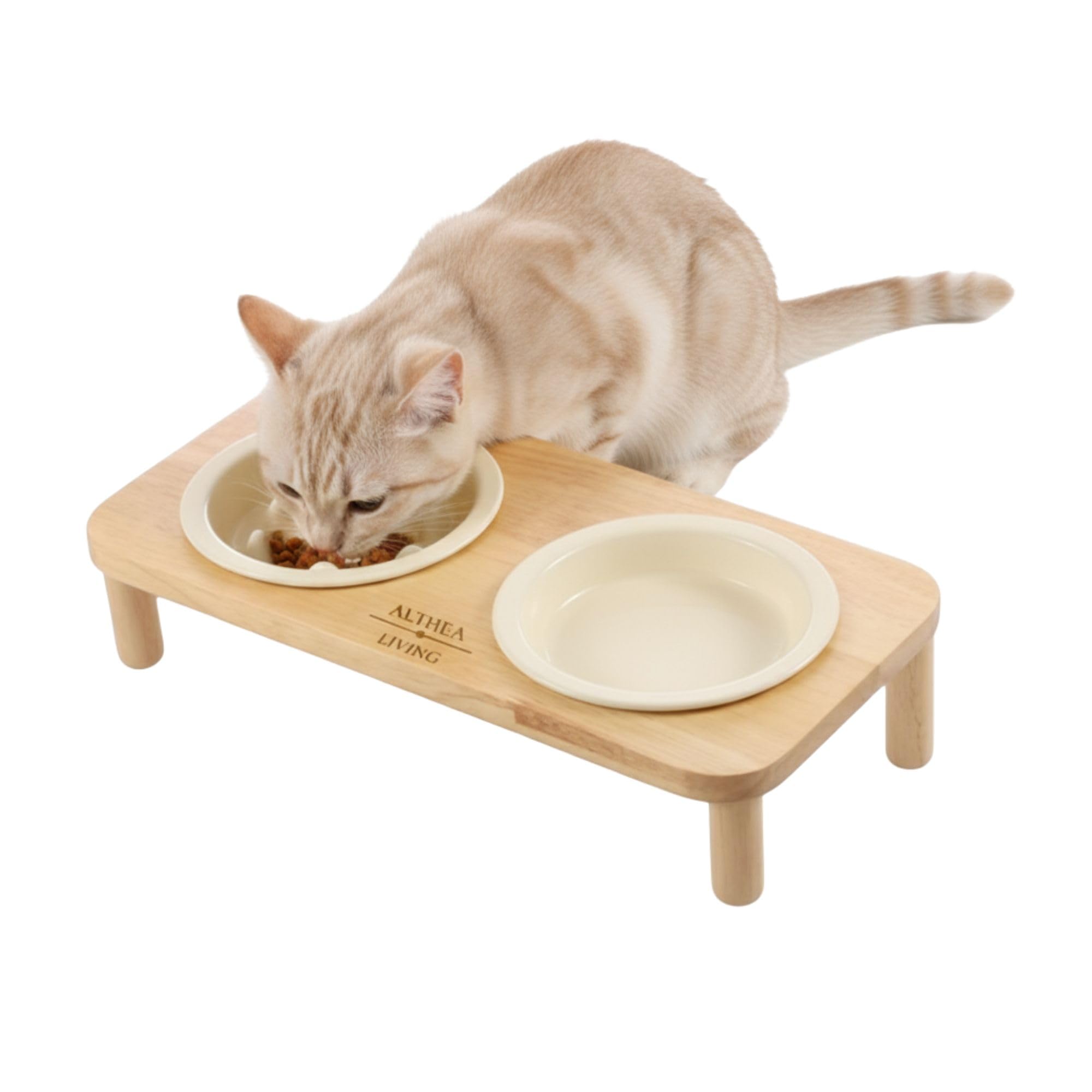 Comedero Bebedero para Gatos Cala Blanca de Cerámica y Bambú 2 en 1 | Cuenco Apto Microondas y Lavavajillas con Base Antivuelco Desmontable | ALTHEA LIVING