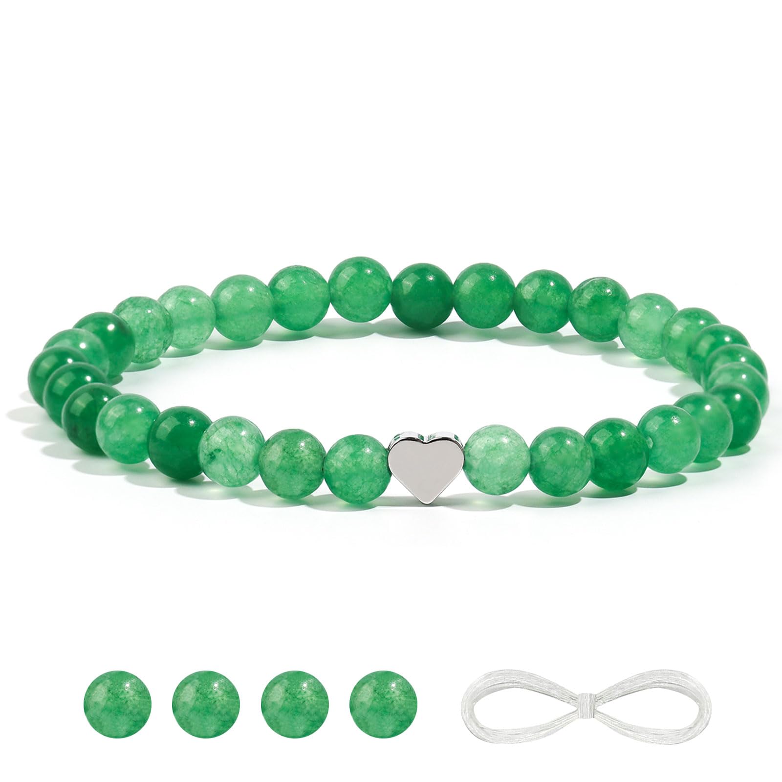 VDKIDKT Natürliches 6mm Edelsteinarmband mit Herz, schützendes Heilkristallarmband, Talisman-Anhänger, Glücksbringer (Grüner Achat)