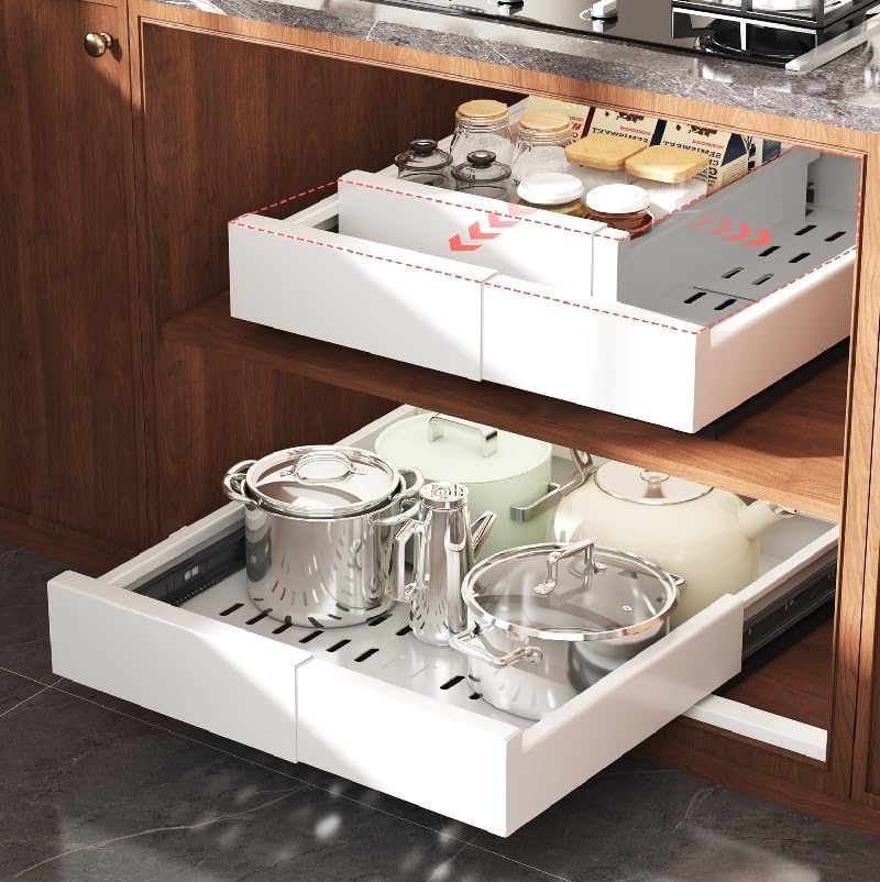 1 Pack Expandable Width (10.9"-15.6") and Depth (12.3"-16.3") Pull Out Cabinet Organizer With Raising Pad for Framed Cabinets, No Drill Slide Out Drawers for kitchen, Pantry, Bath, White
