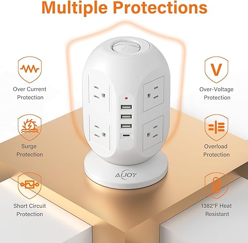 Miniatura 6 de AiJoy Torre de regleta de protección contra sobretensiones con 8 tomas, 4 puertos USB (1 USB-C), cable de extensión plano de 10 pies con múltiples