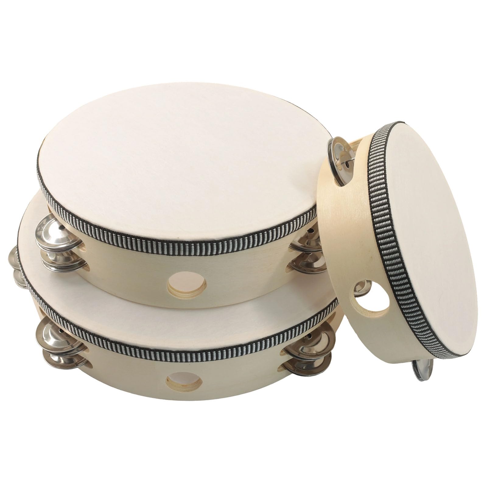 Hordion Lot de 3 tambourins professionnels en bois pour adultes, 15,2 cm, 20,3 cm, 25,4 cm | Tambour à main à une rangée avec jingles en métal, instrument de musique à percussion pour église, karaoké, fête