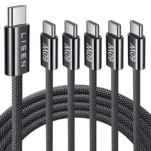 Image of LISEN USB C Cable, 5-Pack [6.6FT] USBC to USBC Cable for iPhone 16e 15 Pro Max Charger Cord, 60W (3.1A) C to C Cable Fast Charging for Samsung S25 /S24 /23, Switch 2, iPad, MacBook,Black