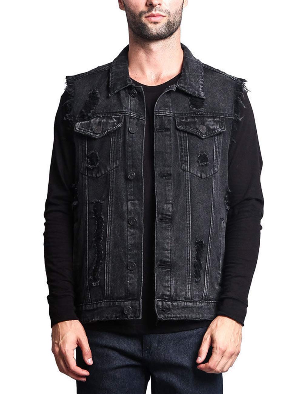 SOMTHRON Men's Oversize Sleeveless Distressed Denim Vest Shirts Button Front Ripped Utility Pockets Jeans Vest Jackets(15632BL-2XL)