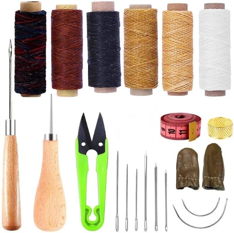 IMZAY 21 Pcs Leather Sewing Tools Set With Waxed Thread Big Eye Leather Sewing Curved Needles Wooden Handle Awl Small Scissors