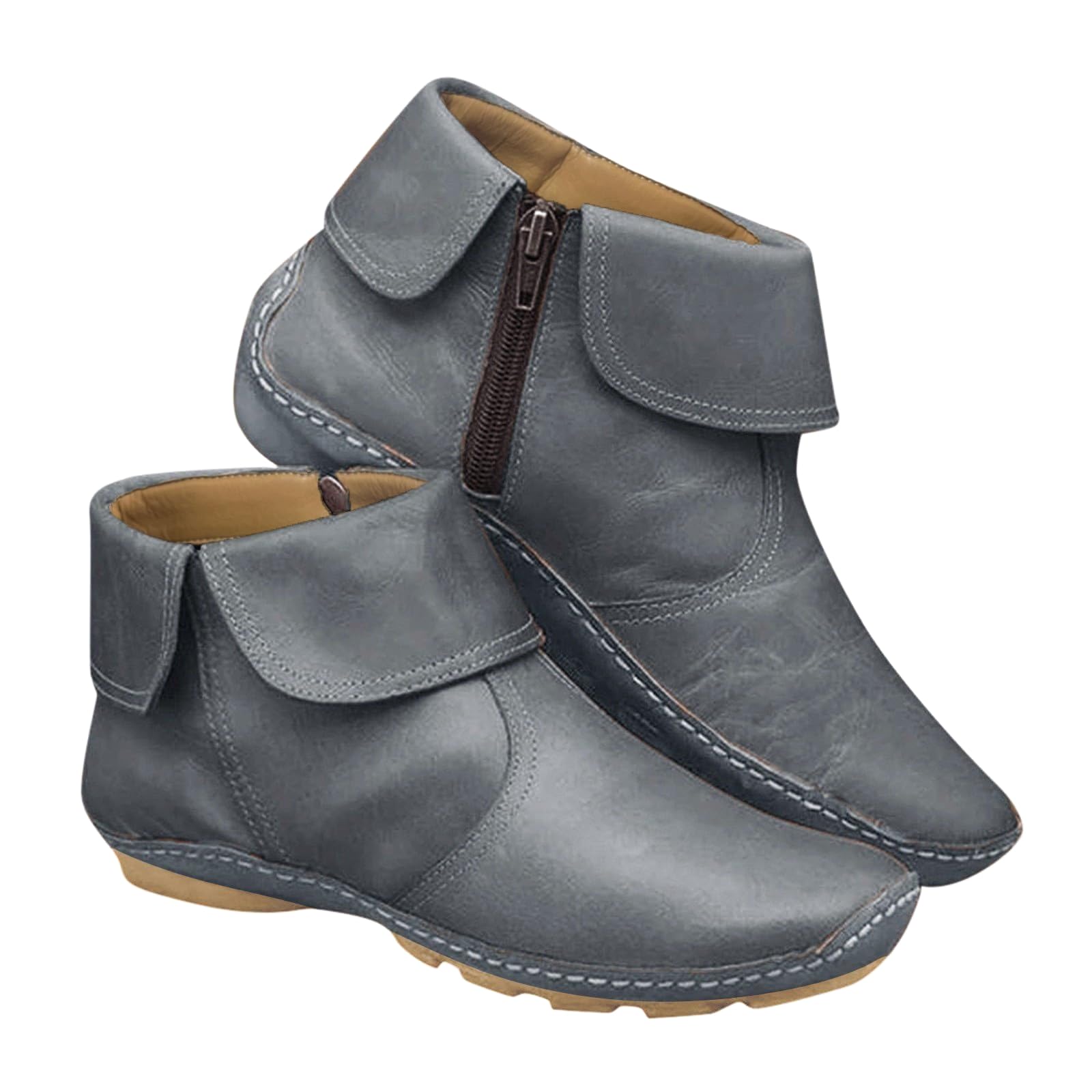 Ankle Boots for Women Vintage Round Toe Casual Leather Booties Womens Lightweight Waterproof Anti-Slip Ankle Booties Fall Winter