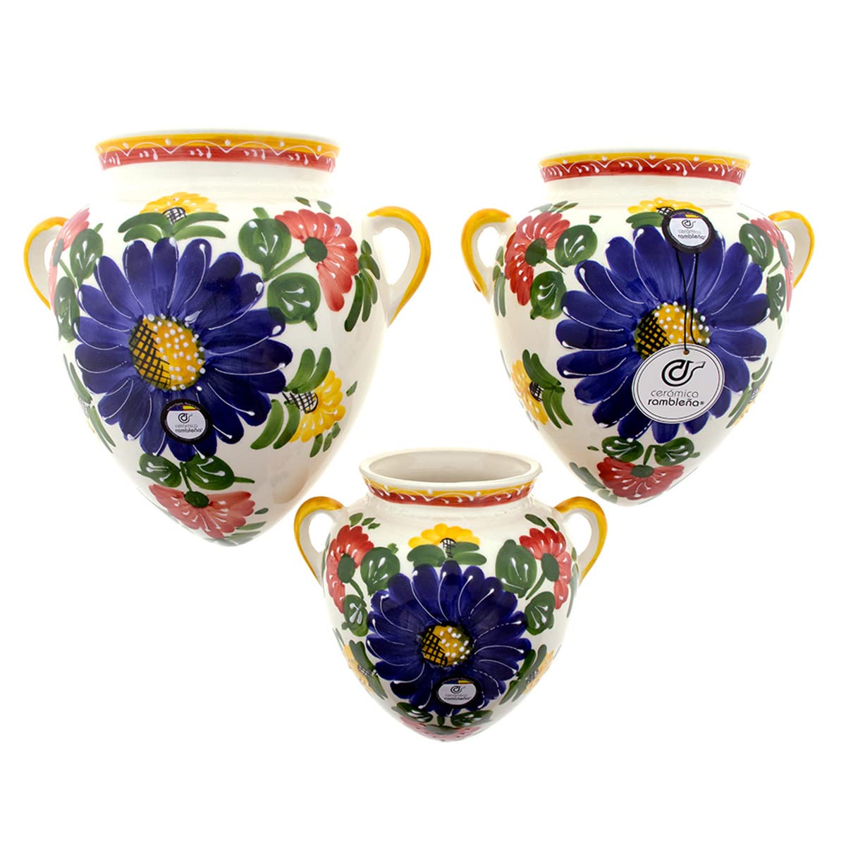 CERÁMICA RAMBLEÑA | Maceta Colgante orza | Maceta de Barro para Colgar | Conjunto x3 Maceta Pared orza Decorado Flores - Modelo D123 | 100% Decorada a Mano | 19 cm + 22 cm + 25 cm