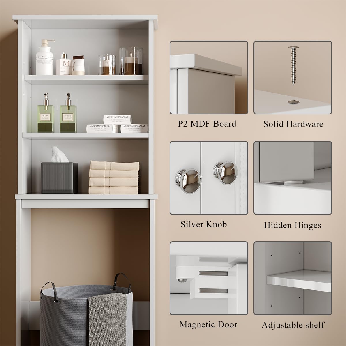 Over The Toilet Storage Cabinet for Bathroom, Over Toilet Storage Shelf with Rattan Doors and Adjustable Shelf, Wooden Over The Toilet Organizer, White