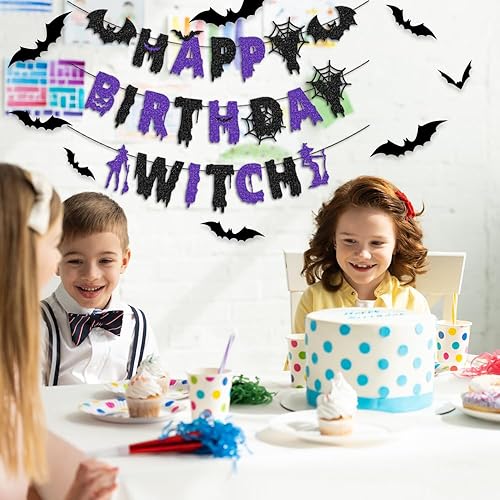 Miniatura 7 de Quimoy Decoraciones de cumpleaños de terror, pancarta aterradora para fiesta de cumpleaños de Halloween con 12 calcomanías de pared de murciélago