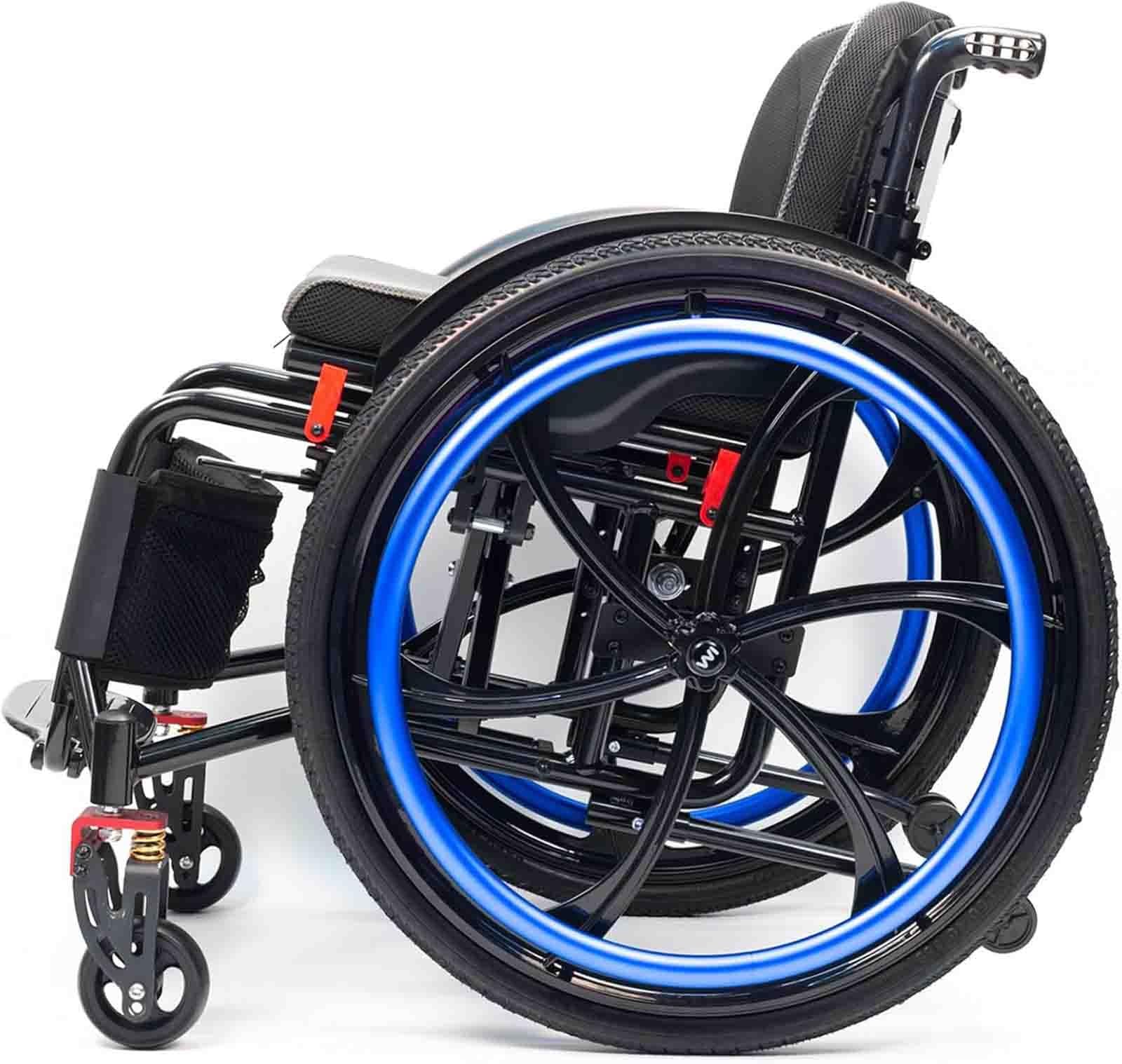 Wózek inwalidzki sportowy, terenowy, składany, aluminiowy, z 26-calowymi tylnymi kołami, amortyzowanymi kołami przednimi, nośność 100 kg (niebieski, szerokość siedziska 38 cm)