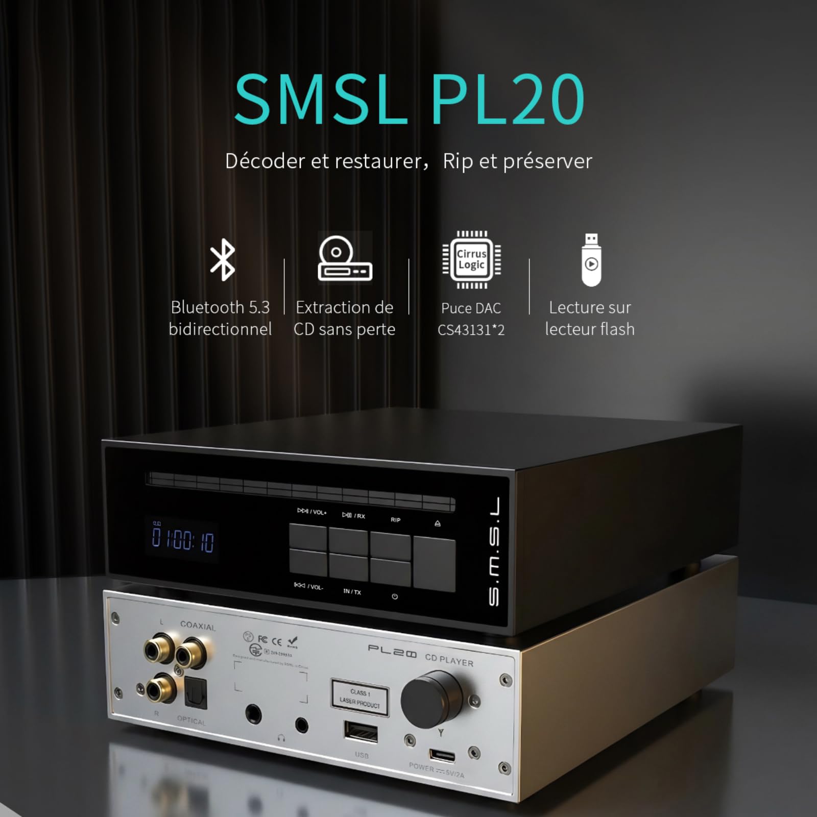 SMSL PL20 Lecteur CD HiFi pour la Maison, Lecteur CD Bluetooth, 2 puces CS43131, clé USB/entrée Bluetooth RCA/BT/3,5 mm/4,4 mm équilibrée/Optique/coaxiale, Argent
