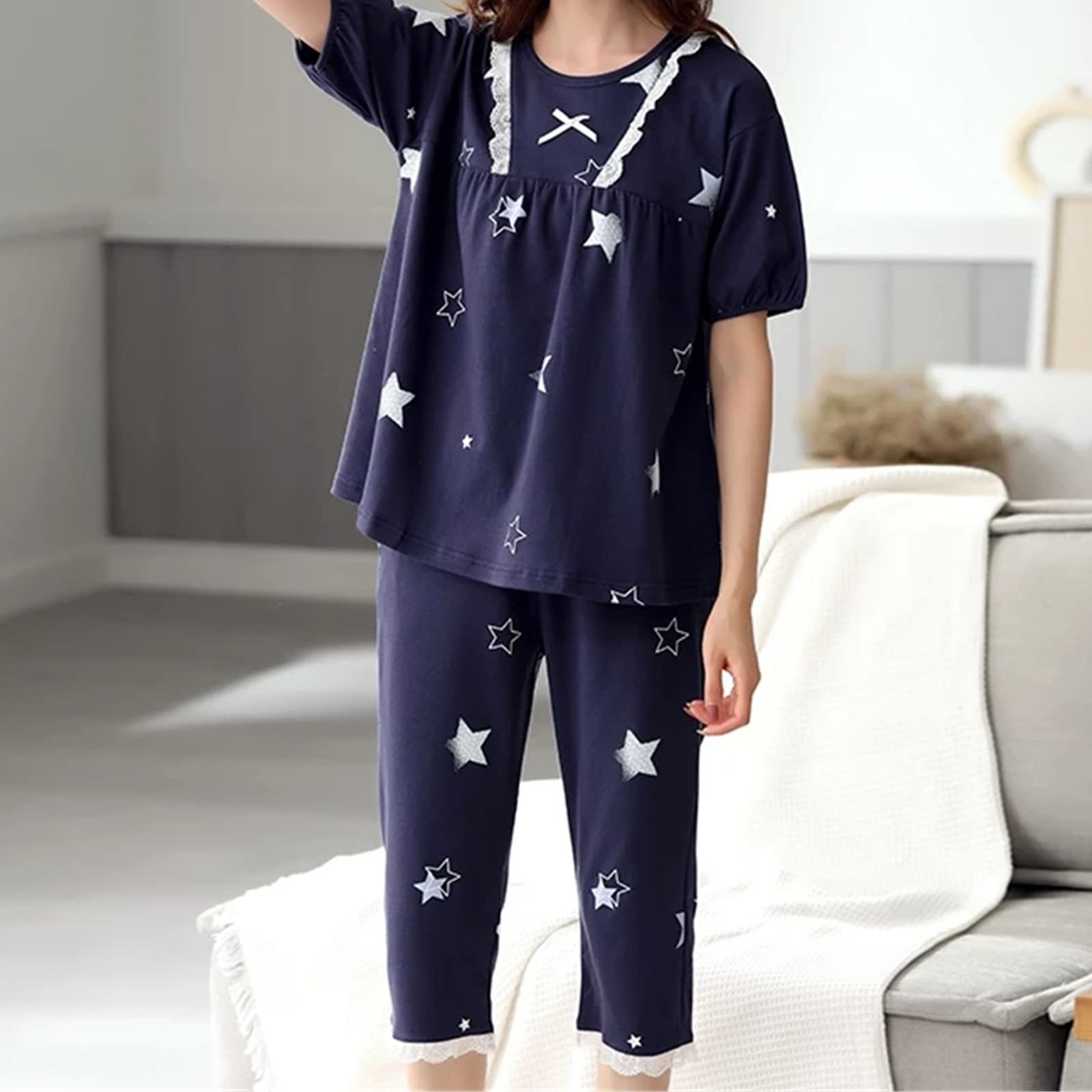 Damen-Sommer-Pyjama-Set, Damen-Pyjama-Set, Sommer-Satin-Pyjamas, Anzüge, kurzärmelige Homewear, Freizeitkleidung, Homewear (Farbe: Blau, Größe: 2X-Large)