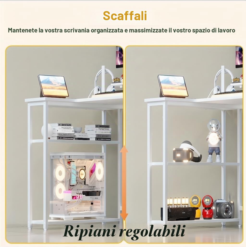 Scrivania a forma di L con 3 cassetti in tessuto, 120 x 80 cm, scrivania angolare reversibile con supporto per monitor, spina e porta di ricarica USB per home office, bianco