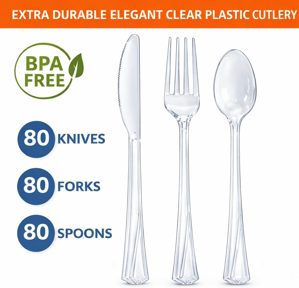 Hanna K. Signature 240 Count Clear Plastic Silverware Set, Heavyweight Elegant Disposable Cutlery Combo, 80 Forks, 80 Spoons, 80 Knives - Image 2
