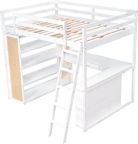 Miniatura 7 de Cama alta moderna de tamaño matrimonial con escalera y estantes marco de cama de madera con escritorio y cajón cama alta de almacenamiento con