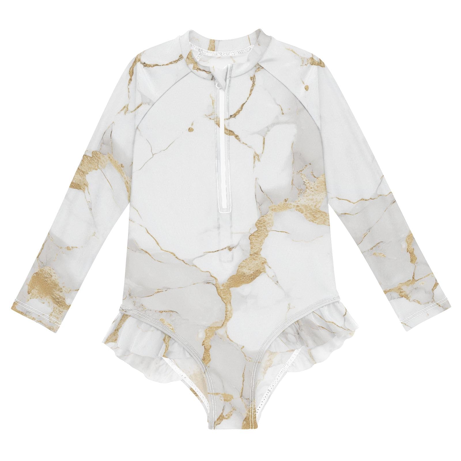 ALAZA Swimsuit for Girls Long Sleeve Rashguard Bathing Suit White Gold Marble Quick Dry 4T