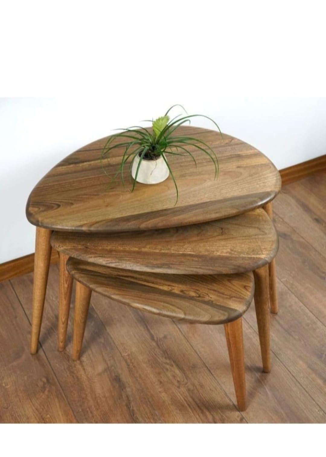 Minimal Coffee Table Set of 3 for Living Room – Round Wooden Top, Space Saving Side Tables & Stool Set, Walnut Finish Stackable Round Wooden Top Tables for Home & Office-image-28
