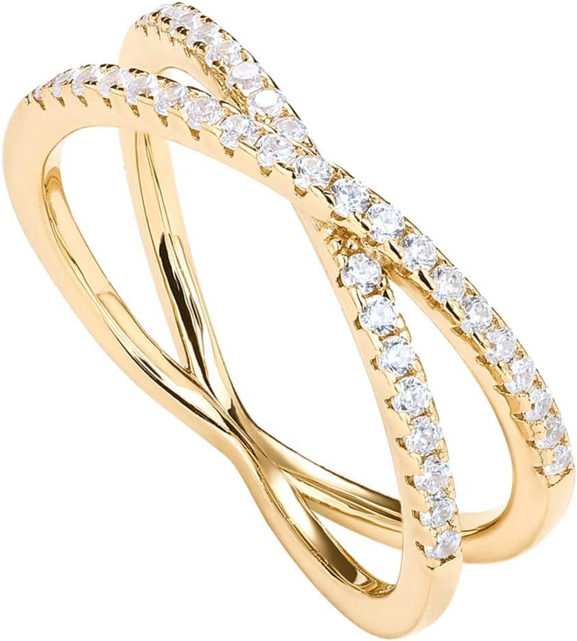 PAVOI 14K Gold Plated X Ring CZ Simulated Diamond Criss Cross Ring (8, Yellow)