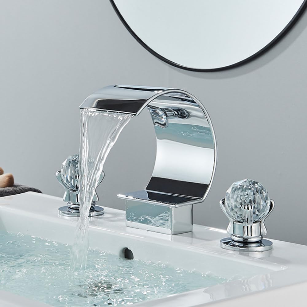 Robinet de lavabo cascade chrome à 3 trous et poignées en cristal pour salle de bain
