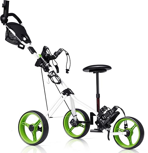 Miniatura 9 de Tangkula Carrito de golf con asiento ligero plegable plegable de 3 ruedas carrito de golf con freno de pie soporte de paraguas ajustable y asiento