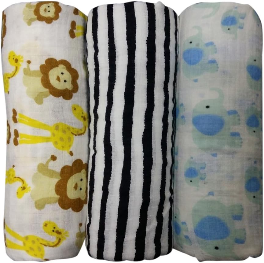 Go tyke - "Safari Adventure” 100% Cotton Muslin Baby Swaddle Blankets (3 Pack). Soft Oversized 47 x 47-inch X-Large Unisex blankets. The Ideal Baby Shower Gift. Nursery Set.