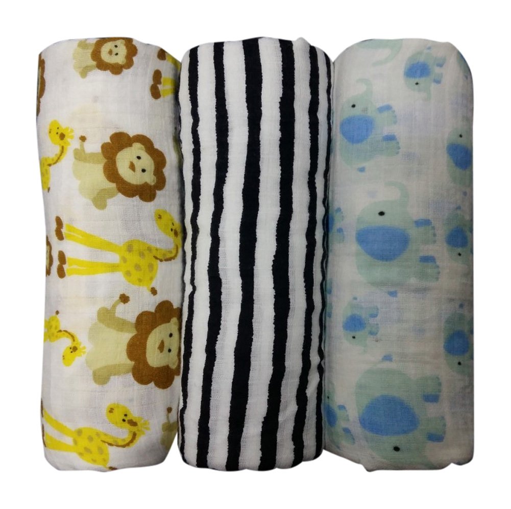 Go tyke - "Safari Adventure” 100% Cotton Muslin Baby Swaddle Blankets (3 Pack). Soft Oversized 47 x 47-inch X-Large Unisex blankets. The Ideal Baby Shower Gift. Nursery Set.