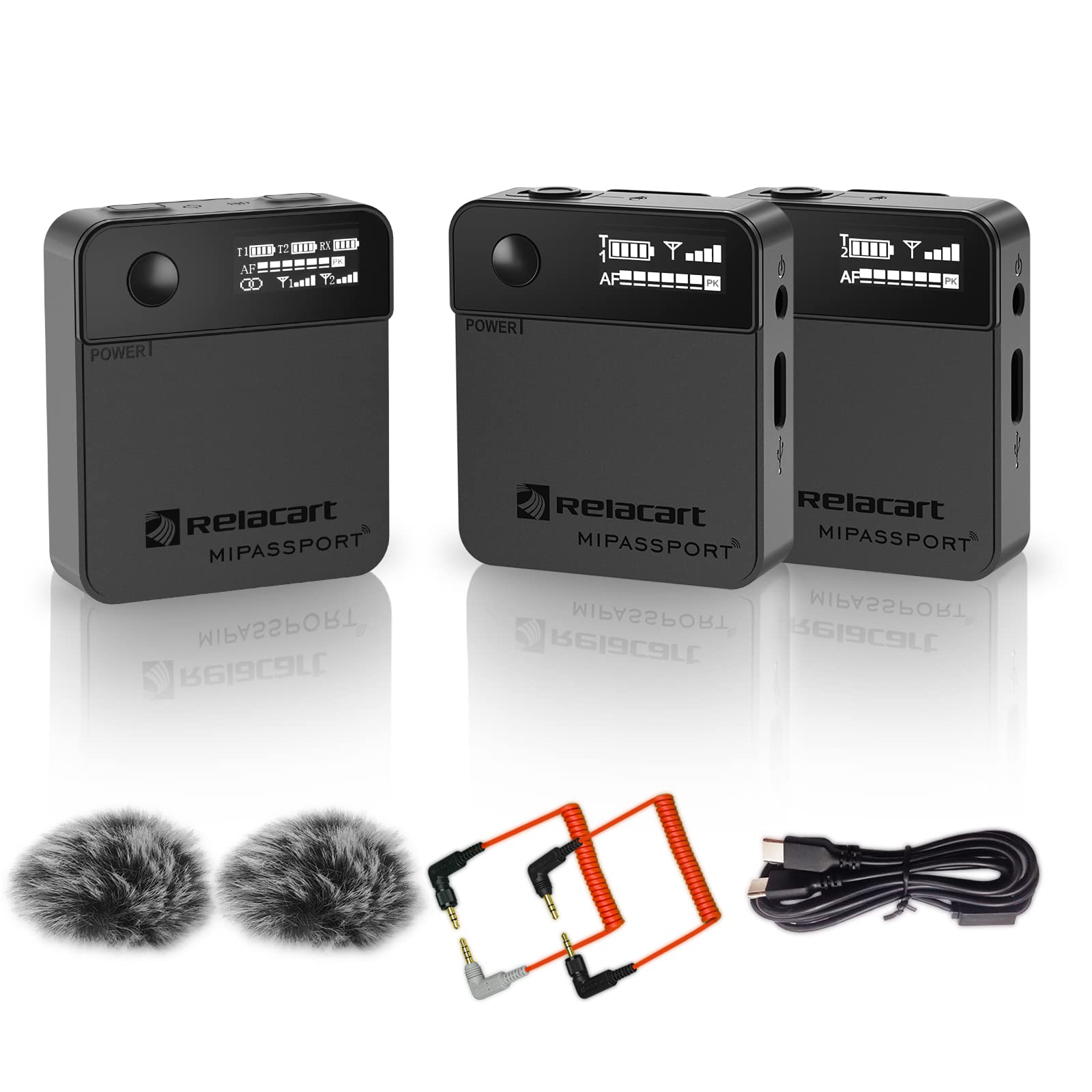 RELACARTDual Channel Wireless Lavalier Microphone System, Mi2 2.4G Wireless Lapel Mic with 2 Transmitters and 1 Receiver Compatible with DSLR, Camera, Camcorder, Smartphone, iPhone, Android