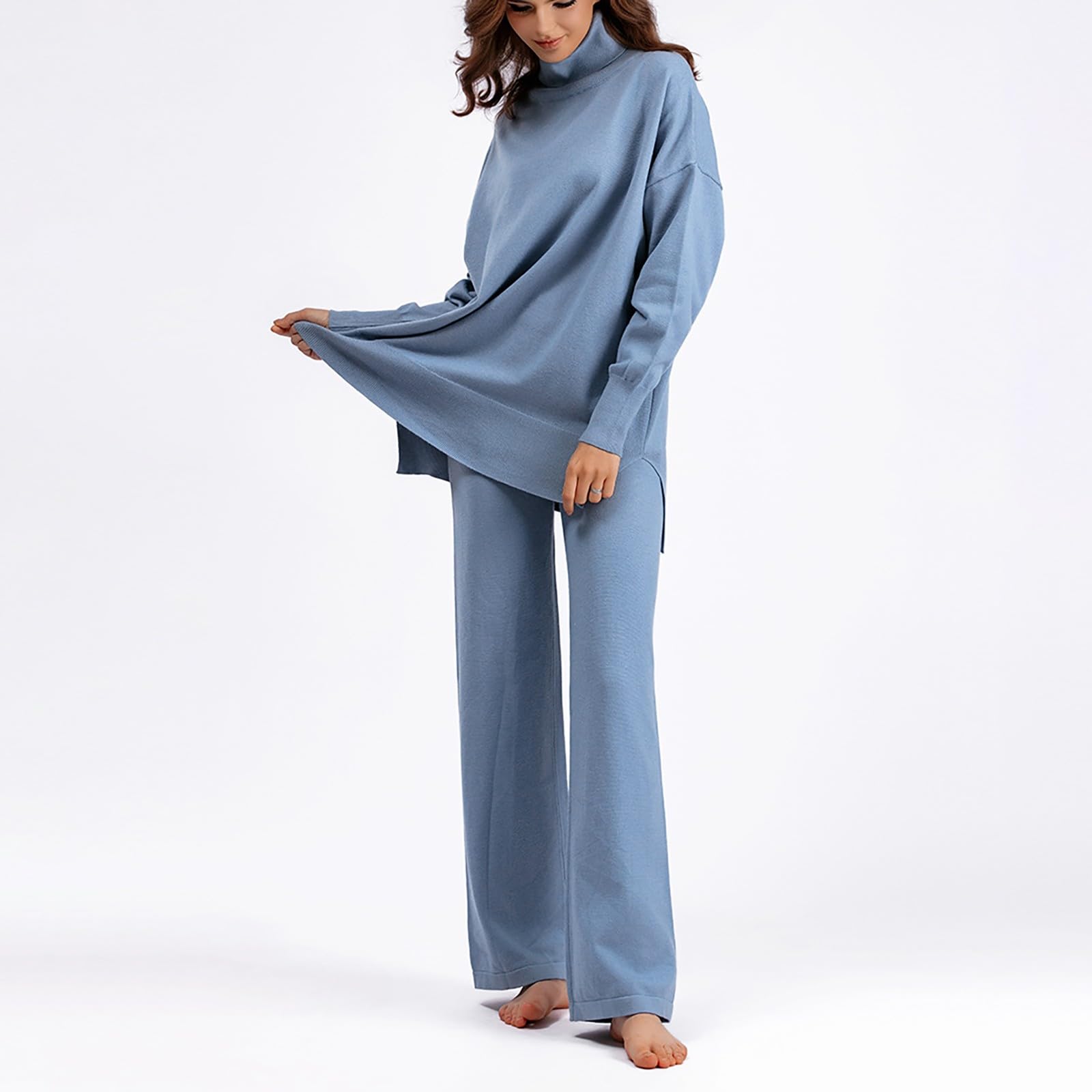 Kuschel Schlafanzug Damen Frauen Winter Einfarbig Langarm Rollkragen Stricken Pullover Breite Bein Hosen Lose Version Casual Hause Tragen Sets Paare Pijamas Jumpsuit Kuschelig Frottee