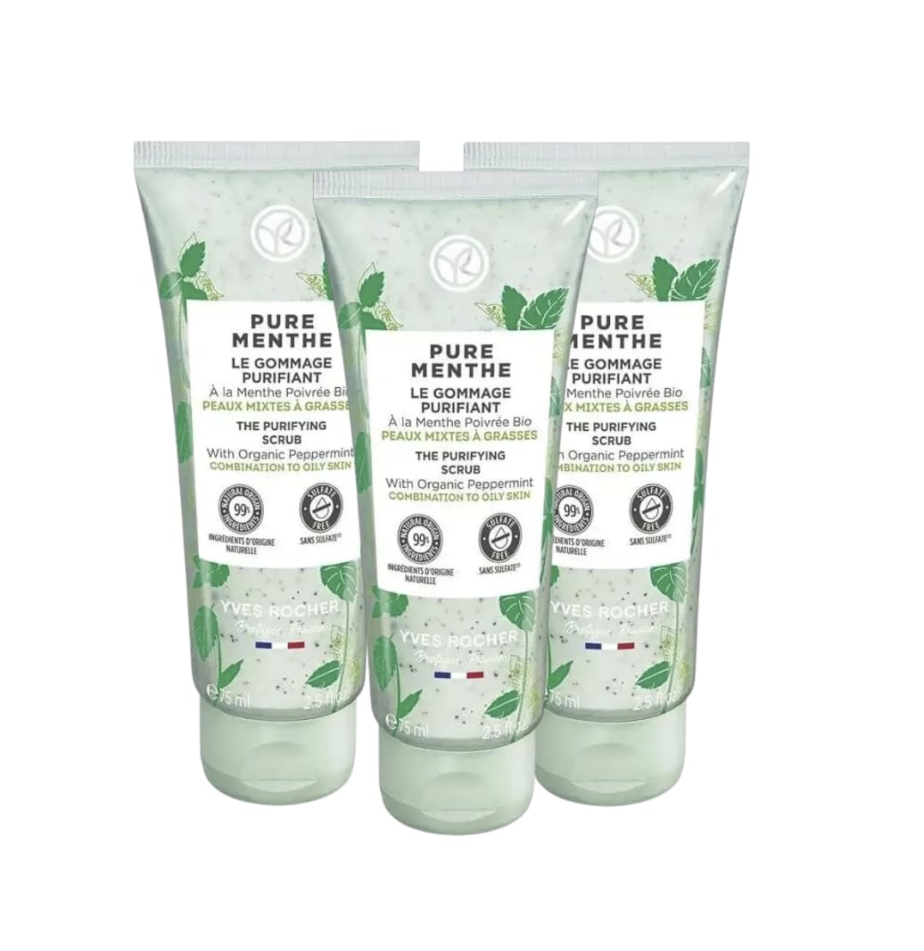 Yves Rocher Pure Menthe Purifying Scrub Face Exfoliator with Organic Peppermint Skin Deep Cleansing & Gentle Exfoliation 75 ml/2.5 fl.oz – Set of 3 Tubes