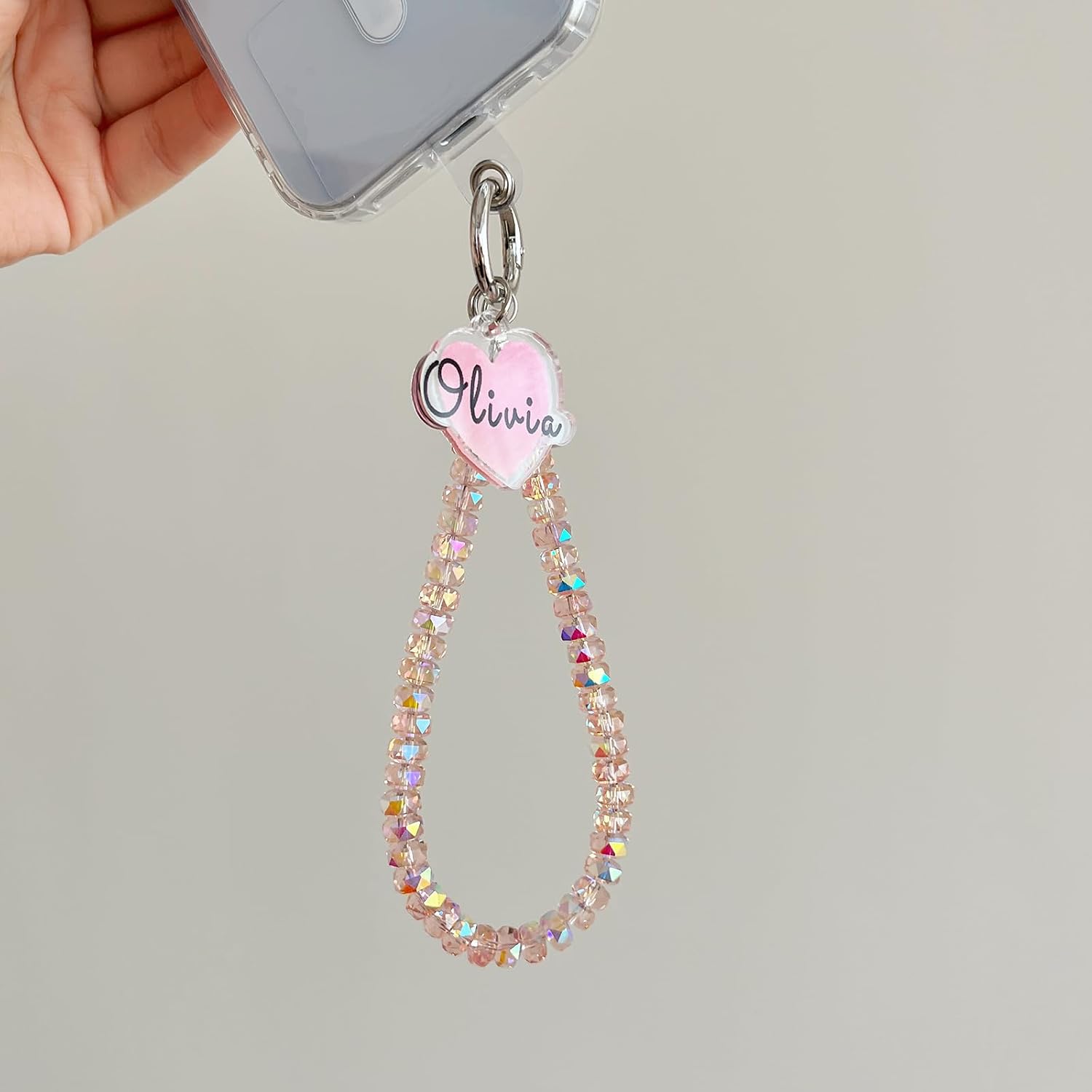 Personalized Custom Phone Charm Wrist Strap Pink Crystal Beaded Heart Name Tag Couple Gift for Her