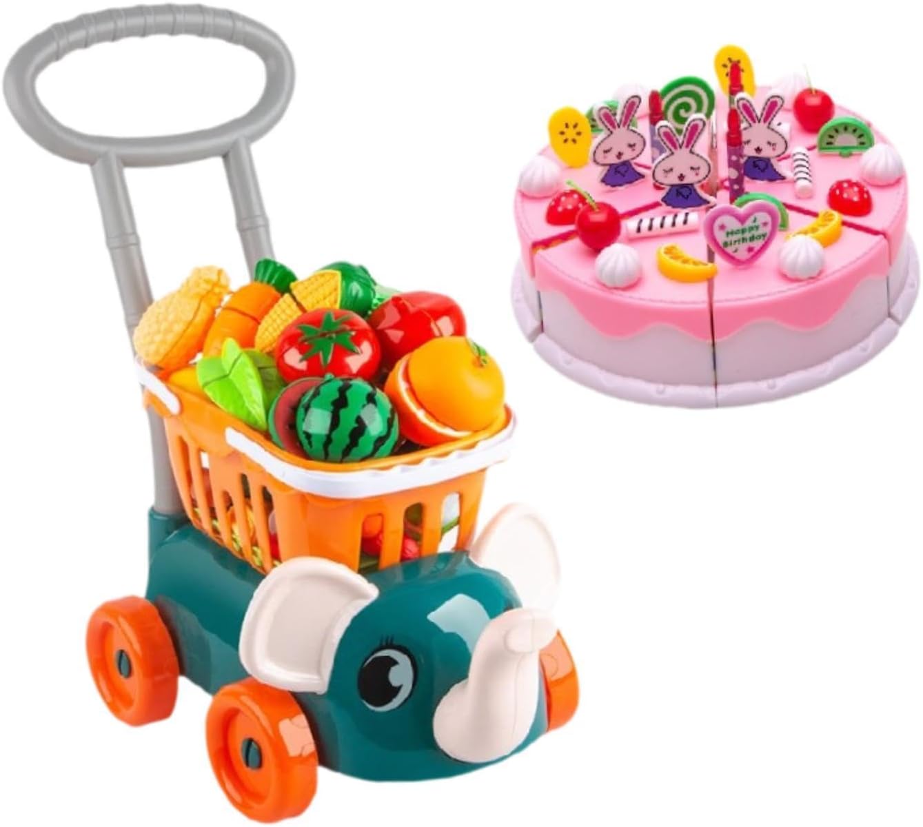 Children's Grocery Cart Toy with Food Cutting Set, Supermarket Play Handcart, Green