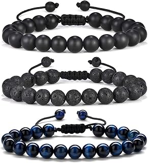 M MOOHAM Natural Stone Bracelets for Men - 8mm Tiger Eye, Matte Agate, Lava Rock - Teen Boys Gifts for Birthday, Anniversary, Christmas