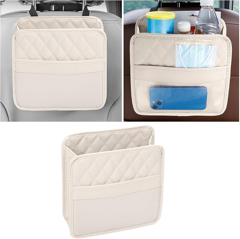 Mandark PU Leather Car Seat Back Organizer, Beige | Three-pocket layout with clear panel, elastic strap installation, fits most cars, SUVs, and trucks, car interior accessories
