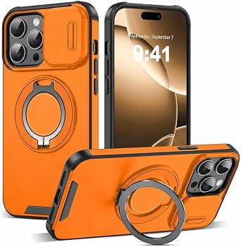 for iPhone 16 Pro Max Case,Orange,Slide Camera Cover,Kickstand | Invisible Rotatable Ring Holder Stand,Rugged Full Camera Protection,Heavy Duty,Military Grade Drop Proof Shockproof