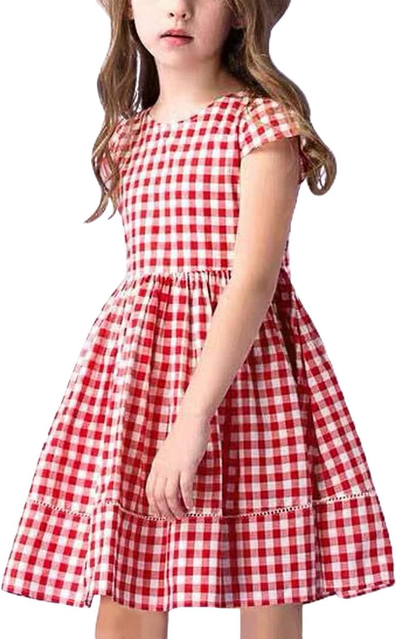 KYMIDY Girls Casual Dress Short Sleeve Buffalo Check Red White Plaid Dresses for Kids 2-8 Years