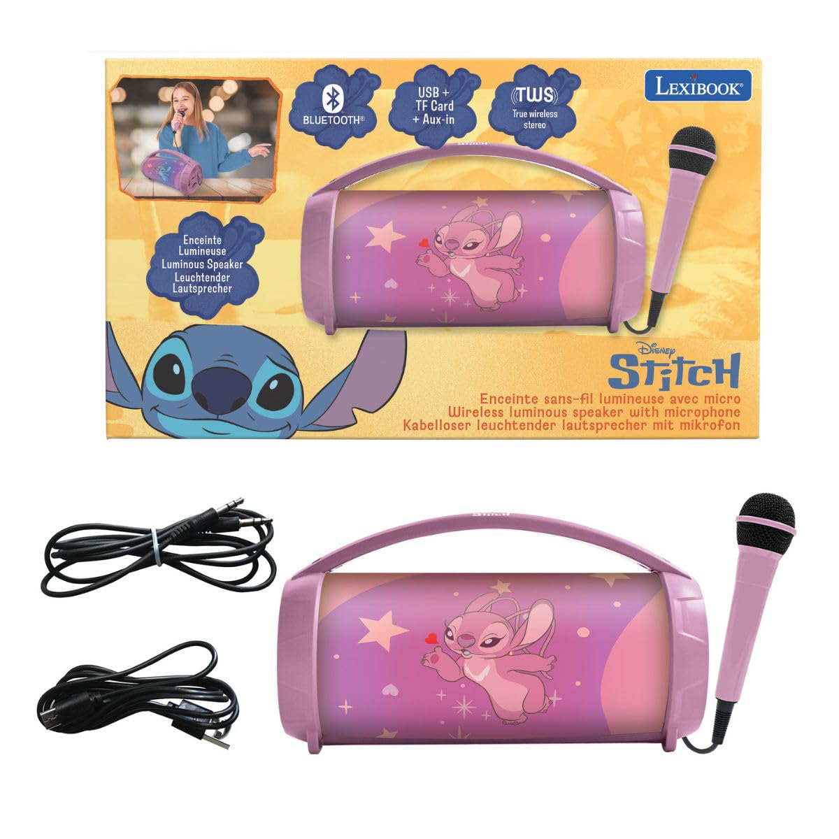 Lexibook, Disney Stitch, Altoparlante Wireless Luminoso Angel con Microfono, Suono Stereo, Karaoke, Porte USB e per schede SD, Batteria Ricaricabile, Maniglia per Il Trasporto, Rosa, BTP585D1ZLXB