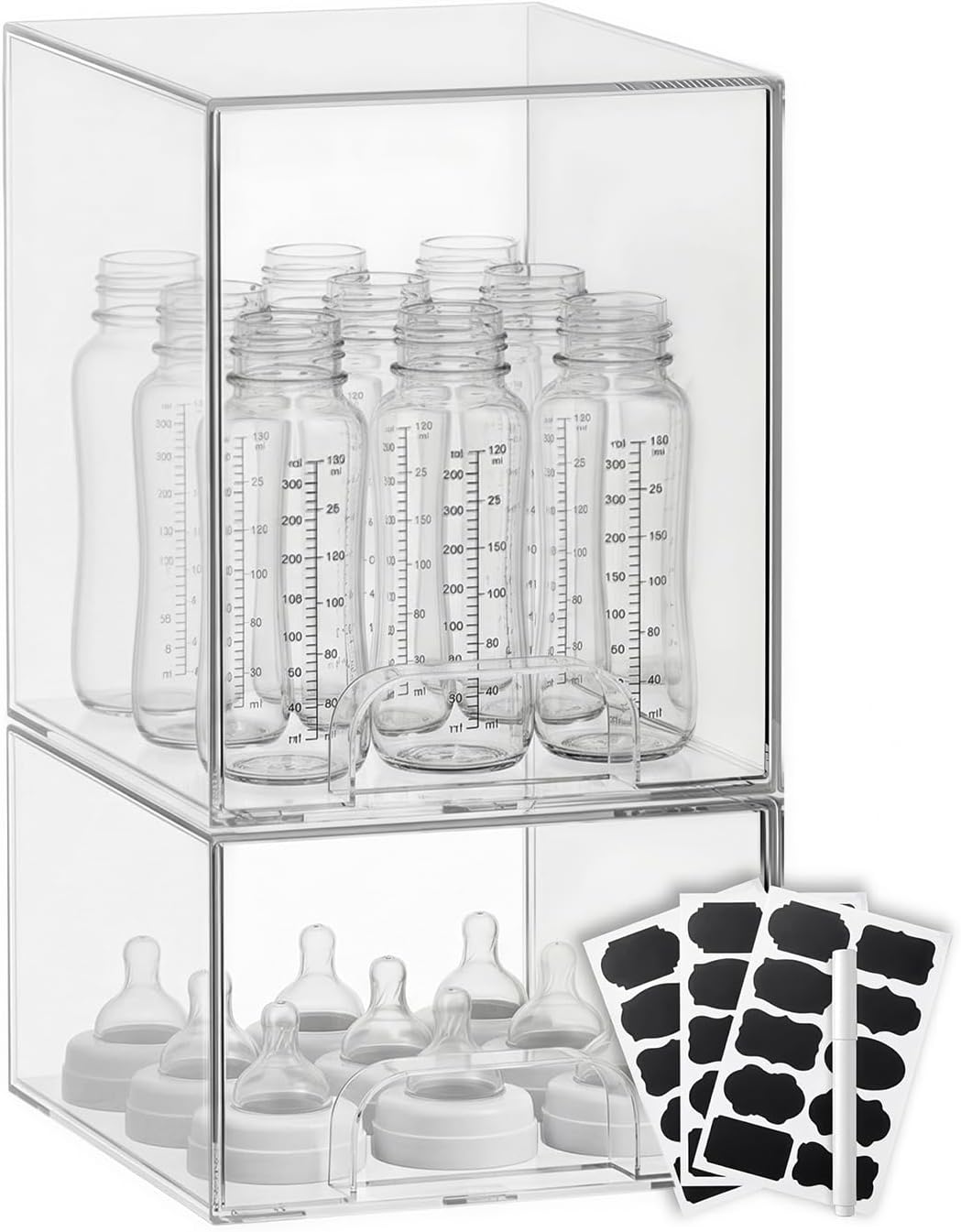 Baby Bottle Organizer Stackable, 2 Pack Clear Stackable Storage Drawers with 3 Stickers & 1 Pen, for Stationery, Cosmetics, Bathroom, Vanity, Countertop & Cabinet (7.7’’ and 4.2’’Tall)