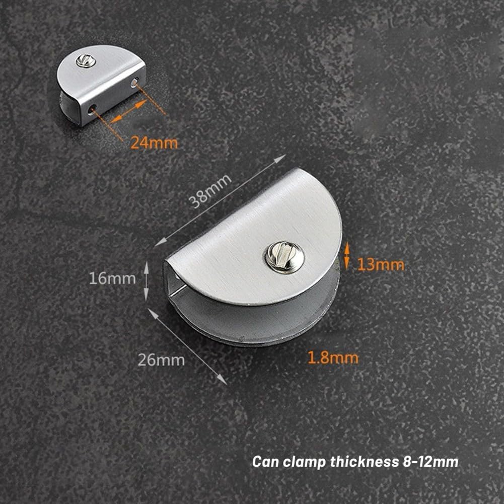 Steel Glass Clamp Clips Shelf & Mirror Support – 4-Pack Modern Minimalist Shelf Brackets with Silicone Pads, Silver Glass Holder Home, Office, Salon(M)