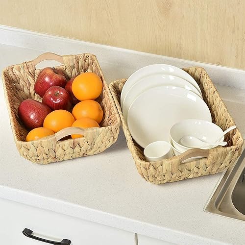 Miniatura 8 de FairyHaus Juego de 3 cestas pequeñas de mimbre y cestas de almacenamiento de jacinto de agua con asas para organizar el baño