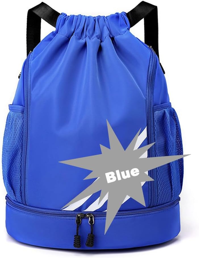 Drawstring Sports Backpack with Shoe Compartment, Nylon Gym Bag, Lightweight Foldable Sackpack for Swimming, Yoga (Blue)