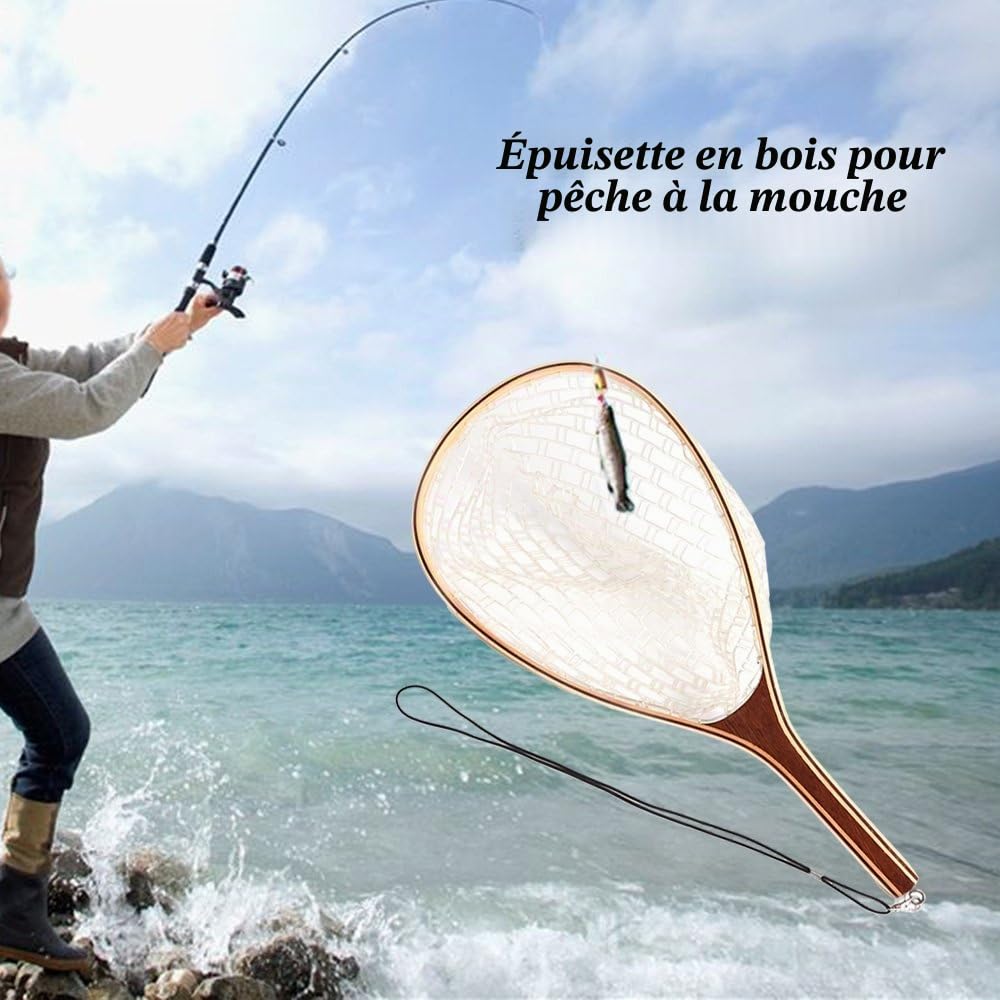 LIXADA Épuisette pour pêche à la Mouche avec Manche en Bois Longueur : 60 cm Matériau Net : Caoutchouc/Nylon