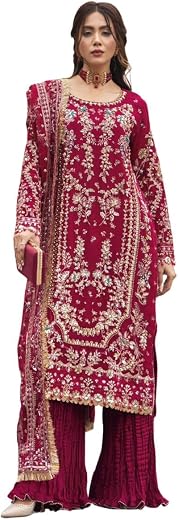 Quick by hub Women’s Faux Georgette Embroidered Kurta Palazzo Dupatta Set | Fully Stitched Ready to Wear Suit Set with Hea...