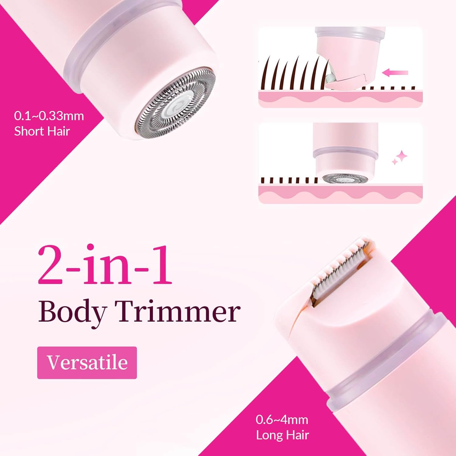 Bikini Trimmer for Women, 2-in-1 Electric Razor & Pubic Hair Trimmer, IPX6 Waterproof Bikini Shaver with 0.1-4 mm Combs, USB Charge, Painless Electric Shaver for Women Legs Underarms Face (Pink)