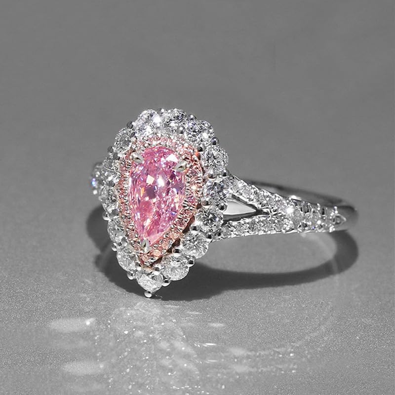 Gixaxak 925 Sterling Silver Ring Pear Cut Super Shiny Pink CZ Stone Cocktail Ring Sparkling Water Drop Cubic Zirconia Crystal Ring Sterling Silver Heart Halo Promise Ring 9 - Image 2