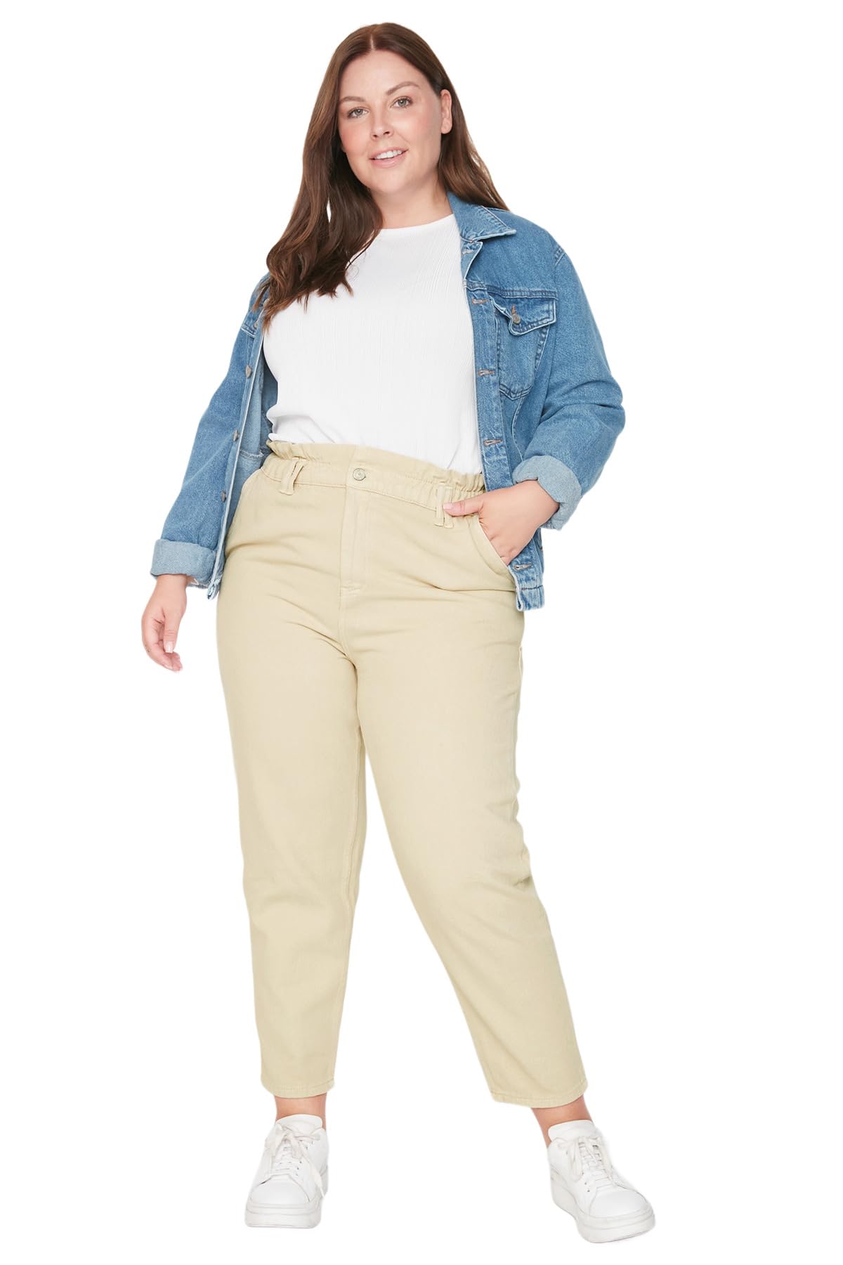Trendyol Curve Damen Beige Mom-Jeans Mit Hoher Taille Und Elastischem Bund Für - Größe 44