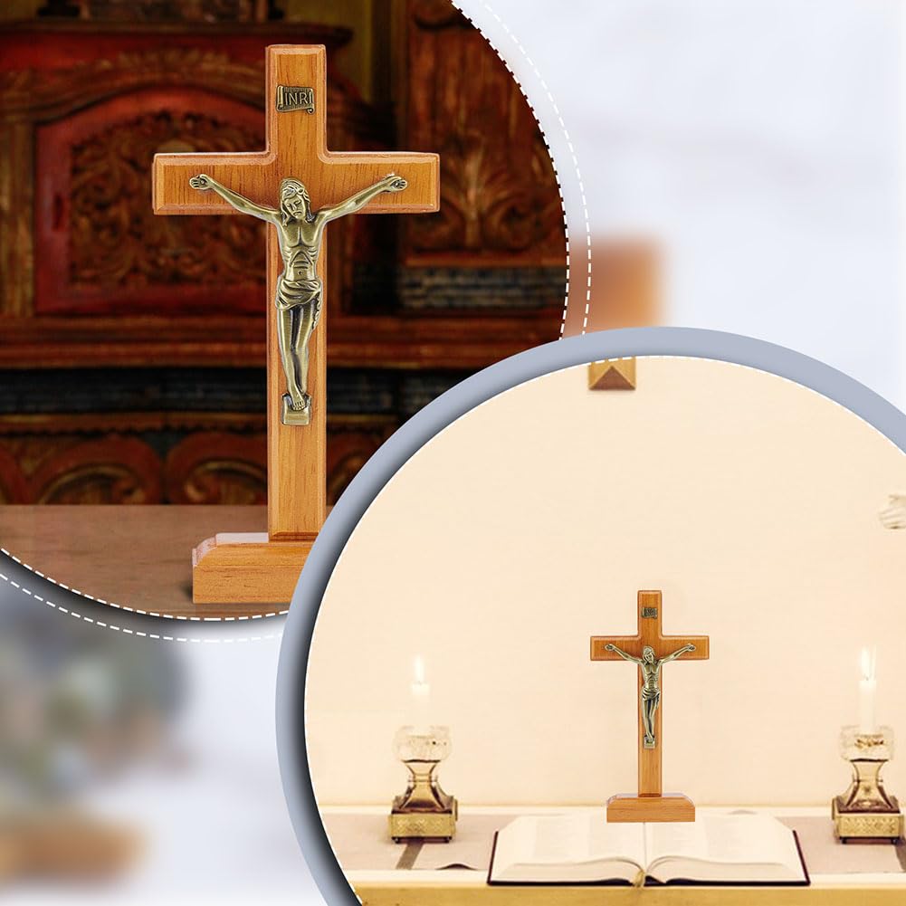 HOBBIESAY Croce Crocifisso in Piedi 19,5 cm Ornamento Croce da Tavolo in Legno Arancione Scuro in Piedi Supporto Croce da Parete in Legno Decorazione Croce Crocifisso Cattolica per la Decorazione