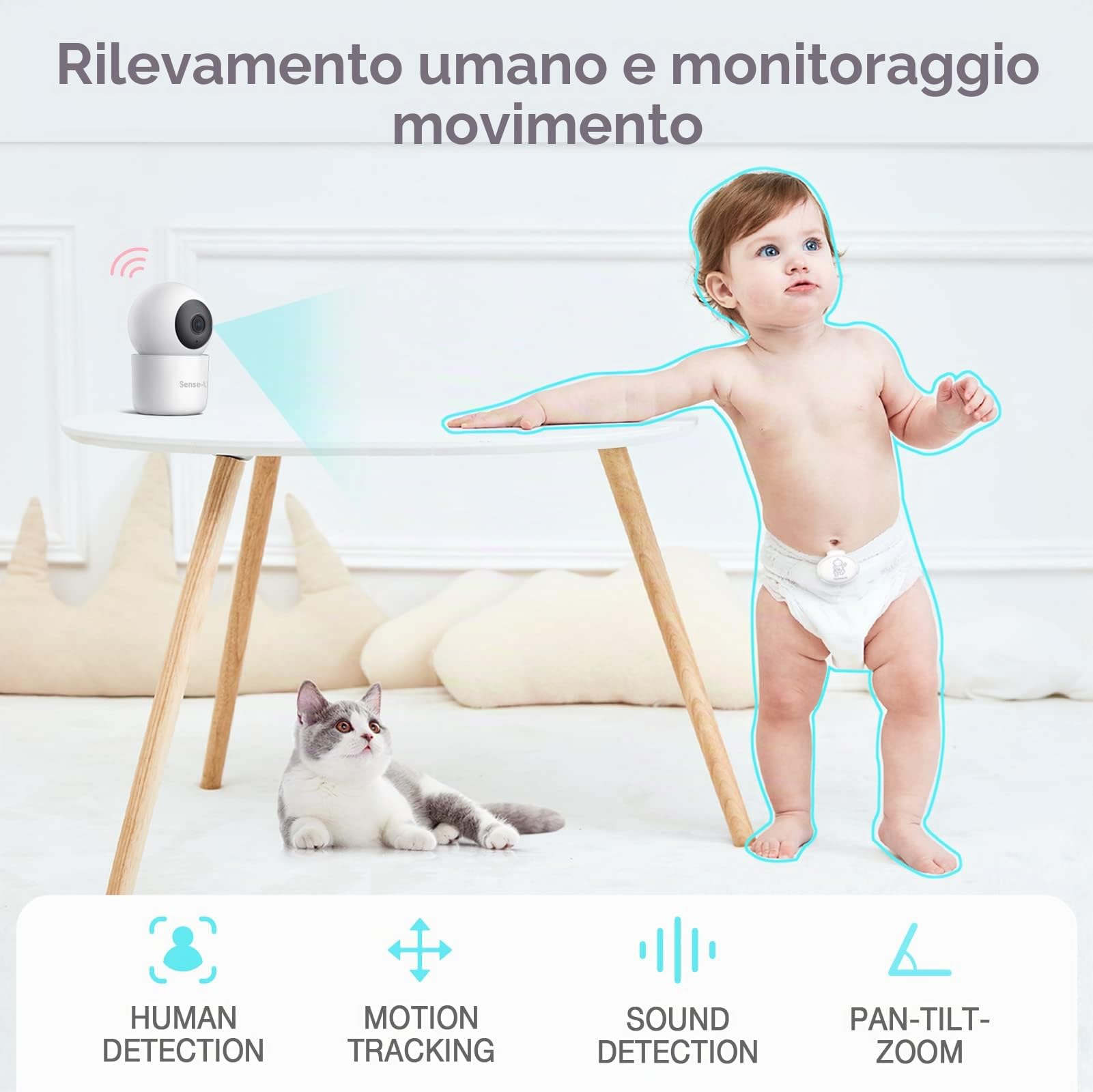 Sense-U Smart Baby Monitor 3+ Crystal Clear 2K Remote PTZ, rileva posizione sonno, Rollover, Sensori temperatura | Visione notte, conversazione bidirezionale, rilevamento